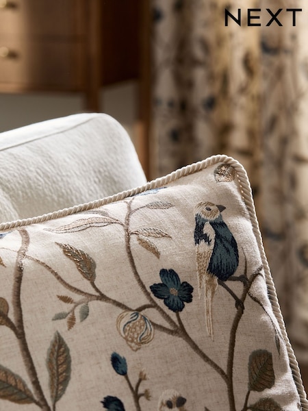 Natural/Blue 50 X 50cm Embroidered Bird Cushion (W60807) | £30
