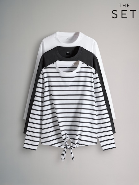 The Set Black/White/Stripe 3 Pack Tie Front Long Sleeve T-Shirts (W60859) | £23