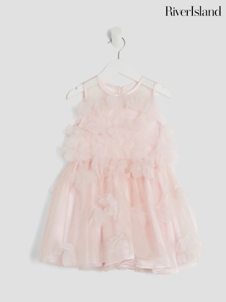 River Island Pink Girls 3D Floral Print Tulle Dress (W60903) | £42