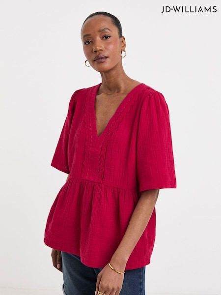 JD Williams Red Cheesecloth V-Neck Short Sleeve Smock Top (W60915) | £32