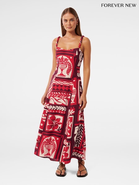 Forever New Red Linen Blend Simona Square Neck Strappy Midi Dress (W60931) | £105