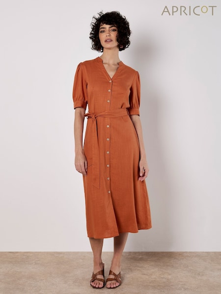 Apricot Orange Grandad Collar Lin Mix Midi Dress (W60953) | £46