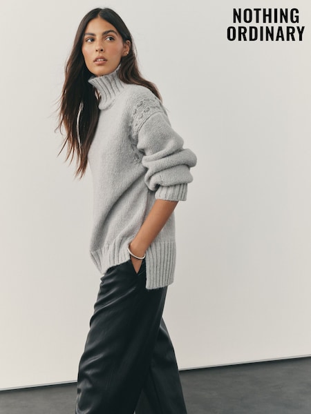 Nothing Ordinary Grey Stitch Knitted High Neck Jumper With Wool (W61036) | £89