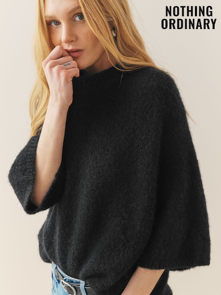 Nothing Ordinary Black Alpaca Wool Blend Short Sleeve Knitted Top (W61057) | £89