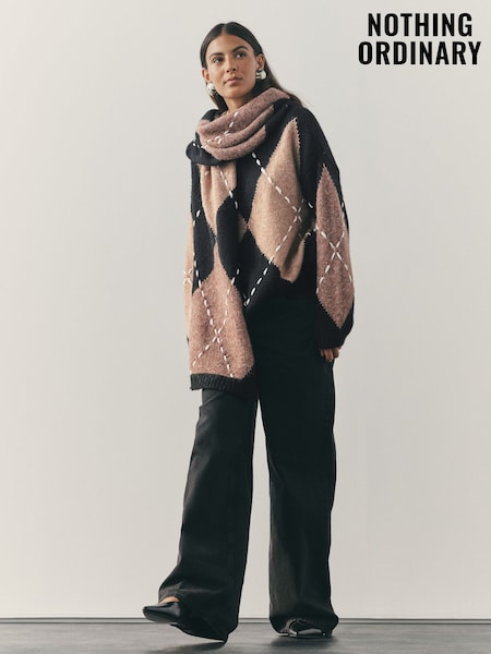 Nothing Ordinary Camel/Black Knitted Argyle Scarf Jumper (W61075) | £139