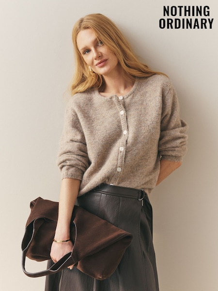 Nothing Ordinary Oatmeal Alpaca Wool Blend Crew Neck Knitted Cardigan (W61087) | £95