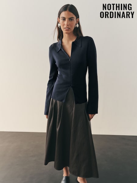 Nothing Ordinary Navy Fitted Flare Sleeve Zip Through Compact Knit Cardigan (W61088) | £65