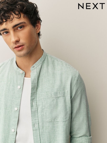 Green Grandad Collar Cotton Linen Blend Long Sleeve Shirt (W61228) | £0