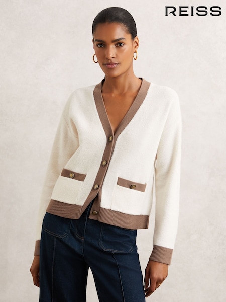 Reiss Cream/Neutral Olli Wool Colourblock Cardigan (W61533) | £140