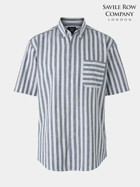 Savile Row Company Blue Stripe Linen Cotton Classic Fit Short Sleeve Shirt (W61568) | £55