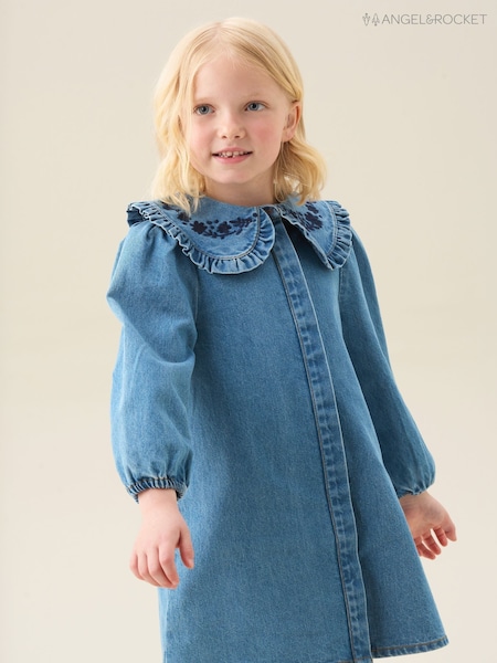 Angel & Rocket Blue Aria Denim Embroidered Collar Dress (W61622) | £30 - £34