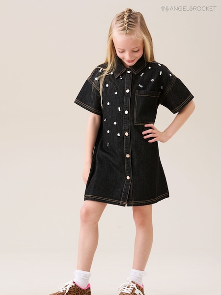 Angel & Rocket Black Zeta Gem Embellished Denim Dress (W61667) | £32 - £36