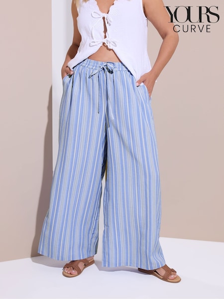 Yours Curve Blue Crinkle Wide Leg Trousers (W61732) | £29
