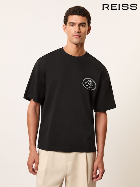 Reiss Black Cuthbert Monogram Print Cotton Oversized T-Shirt (W61981) | £58