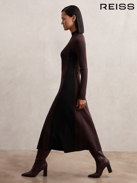 Reiss Plum Purple/Black Zaya Knitted Contrast-Panel Midi Dress (W61985) | £180