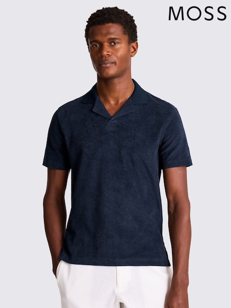 MOSS Blue Terry Towelling Skipper 100% Cotton Polo Shirt (W62069) | £45