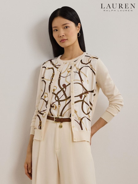Lauren Ralph Lauren Cream Ofryah Belt Print Cotton Modal Knit Cardigan (W62265) | £189