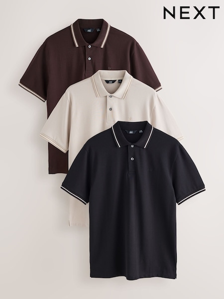 Black/Brown/Ecru Short Sleeve Tipped Pique Polo Shirts 3 Pack (W62284) | £54