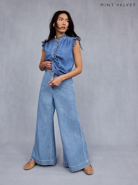 Mint Velvet Blue 100% Cotton Tie Waist Wide Jeans (W62520) | £89