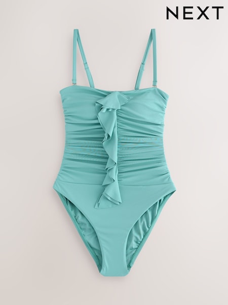 Turquoise Blue Tummy Control Frill Bandeau Swimsuit (W62578) | £38