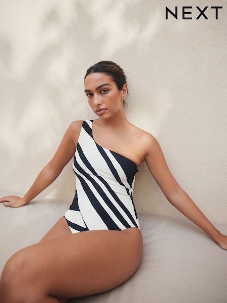 Cream/Black Stripe One Shoulder Tummy Control Swimsuit (W62679) | £39