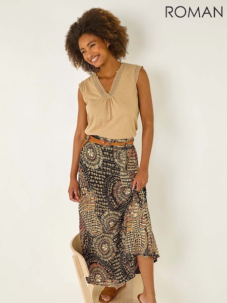 Roman Black Abstract Print Belted A-Line Skirt (W62720) | £36