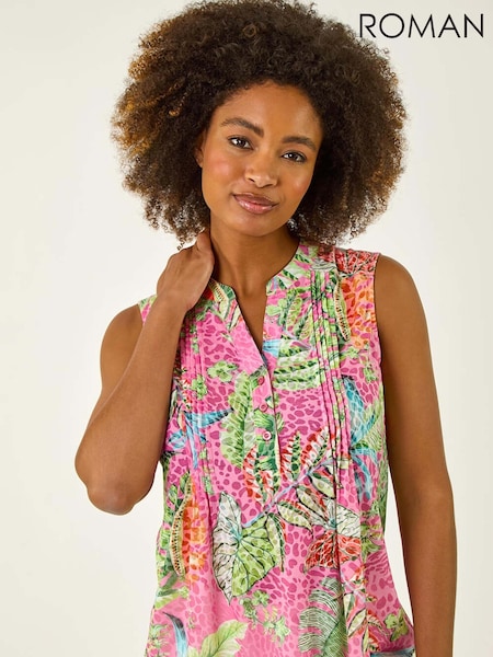 Roman Pink Light Tropical Leaf Print Pintuck Blouse (W62739) | £30