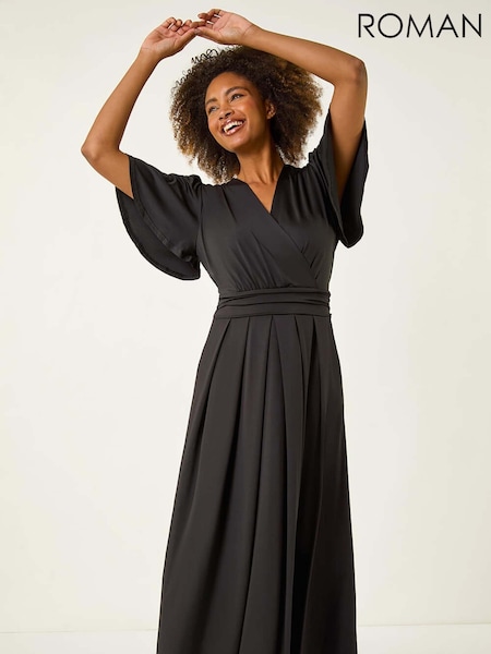 Roman Black Tie Back V-Neck Stretch Midi Dress (W62741) | £40