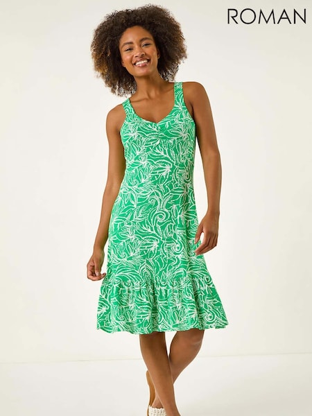 Roman Green Leaf Print Strappy Frill Dress (W62746) | £36