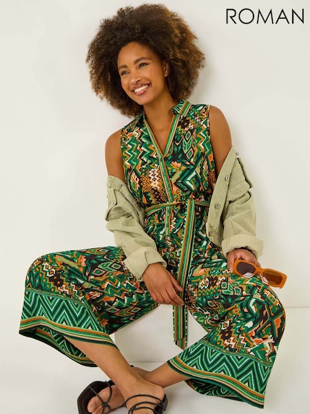 Roman Green Zig Zag Print Full Length Jumpsuit (W62747) | £42