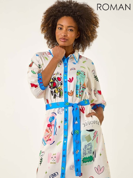 Roman Blue Motif Print Tie Waist Shirt Dress (W62748) | £42
