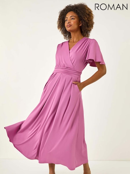 Roman Purple Tie Back V-Neck Stretch Midi Dress (W62749) | £40