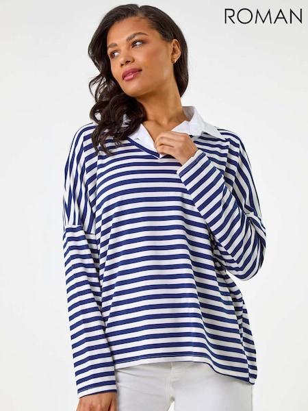 Roman Blue Stripe Print 2 in 1 Blouse (W62752) | £35