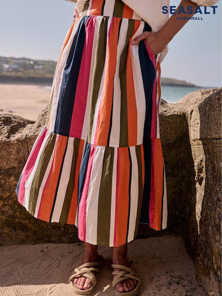 Seasalt Cornwall Orange 100% Coton Multi Cranesbill Striped Tiered Skirt (W62796) | £66