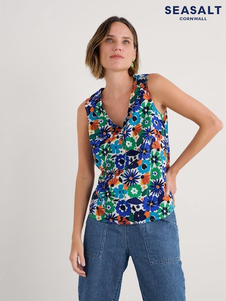 Seasalt Cornwall Blue Ground Cobbs Well Sleeveless 100% Cotton Vest (W62804) | £40