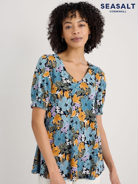 Seasalt Cornwall Blue Multi Rosehip V-Neck Jersey Top (W62816) | £40