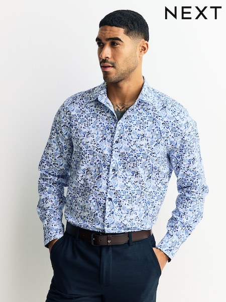 Blue/White Floral Regular Fit Long Sleeve Shirt (W62848) | £38