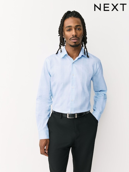 Light Blue Check Smart Cotton Rich Trimmed Textured Shirt (W62863) | £35