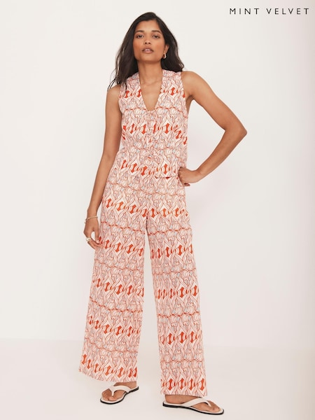 Mint Velvet Orange Geo Print Wide 100% Cotton Trousers (W62941) | £99