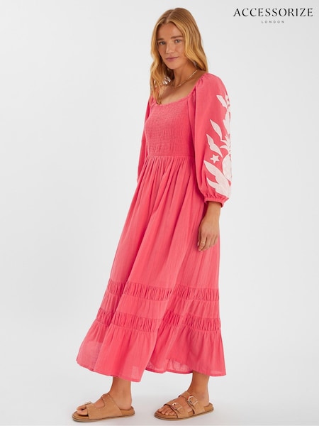 Accessorize Orange Pineapple Appliqué Smocked 100% Cotton Maxi Dress (W62955) | £60