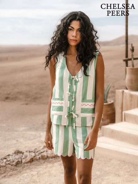 Chelsea Peers Green Linen Blend Tie Front Stripe Cami Shorts Set (W62964) | £52
