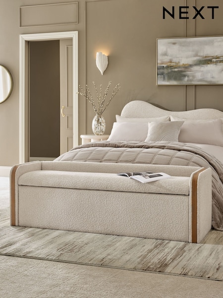 Linen Look Leopard Oyster Natural Myla Wood and Upholstered Storage Ottoman Bench (W63012) | £375