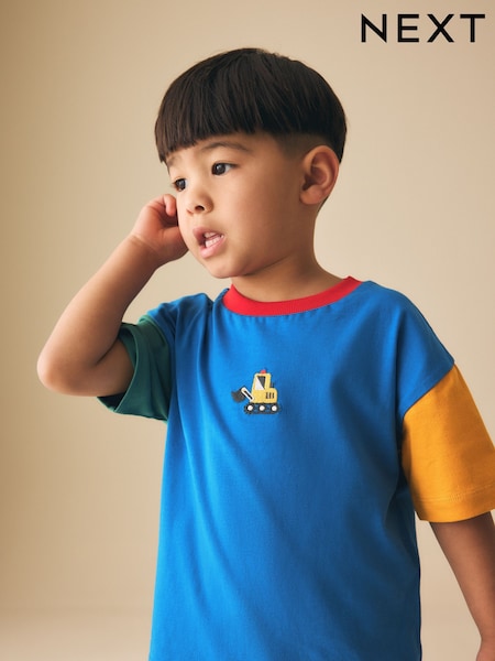 Blue/Green/Yellow Digger Short Sleeve Colourblock T-Shirt (3mths-7yrs) (3mths-7yrs) (W63045) | £5.50 - £7.50