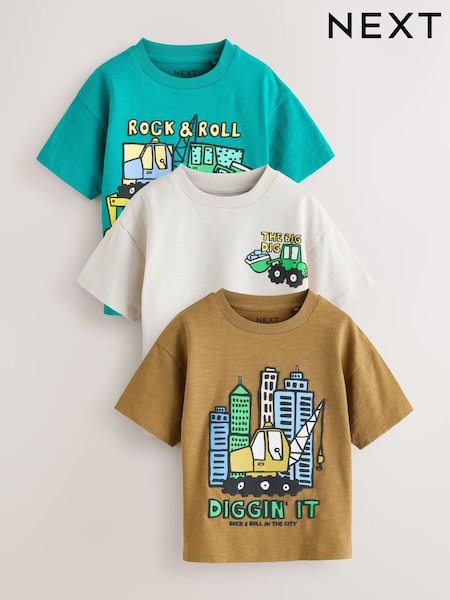 Teal Blue Digger Short Sleeve Graphic T-Shirts 3 Pack (3mths-7yrs) (W63063) | £15 - £19