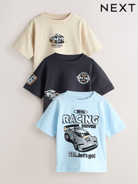 Black/Grey Race Car Short Sleeve Graphic T-Shirts 3 Pack (3mths-7yrs) (W63067) | £15 - £17