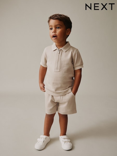 Neutral Zip Neck Short Sleeve Polo Shirt And Shorts Set (3mths-7yrs) (W63072) | £13 - £17