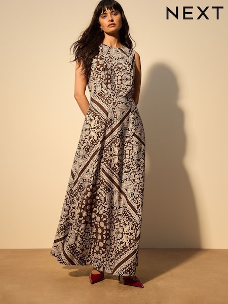 Chocolate Brown Bandana Print Sleeveless Column A-Line Maxi Dress (W63178) | £52