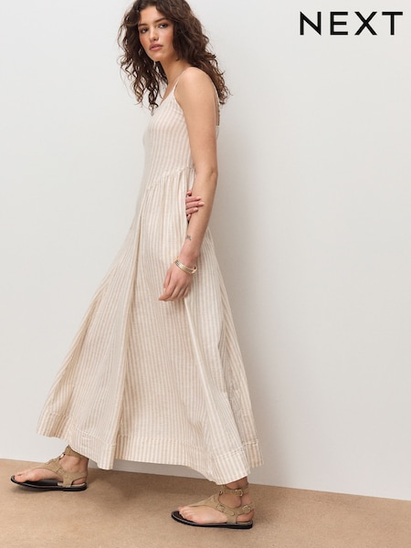 Neutral Stripe Strappy Cami Midi Dress with Linen (W63183) | £48
