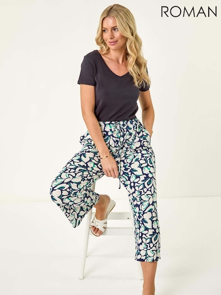 Roman Blue Petite Floral Print Stretch Trousers (W63194) | £32