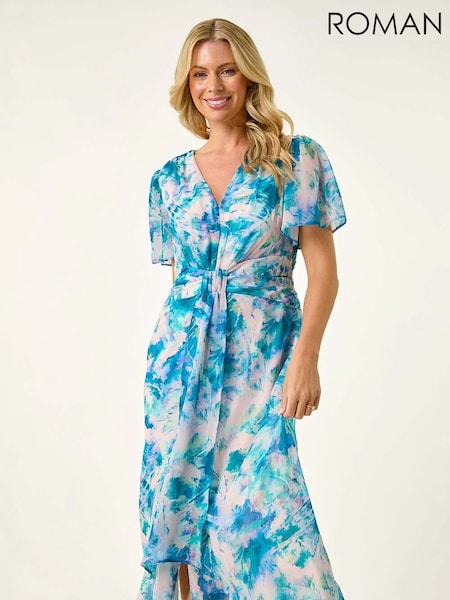 Roman Blue Petite Abstract Print Ruched Midi Dress (W63197) | £65